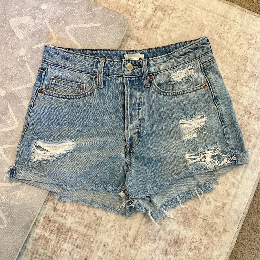 High-Waist Distressed Denim Shorts - Light Blue